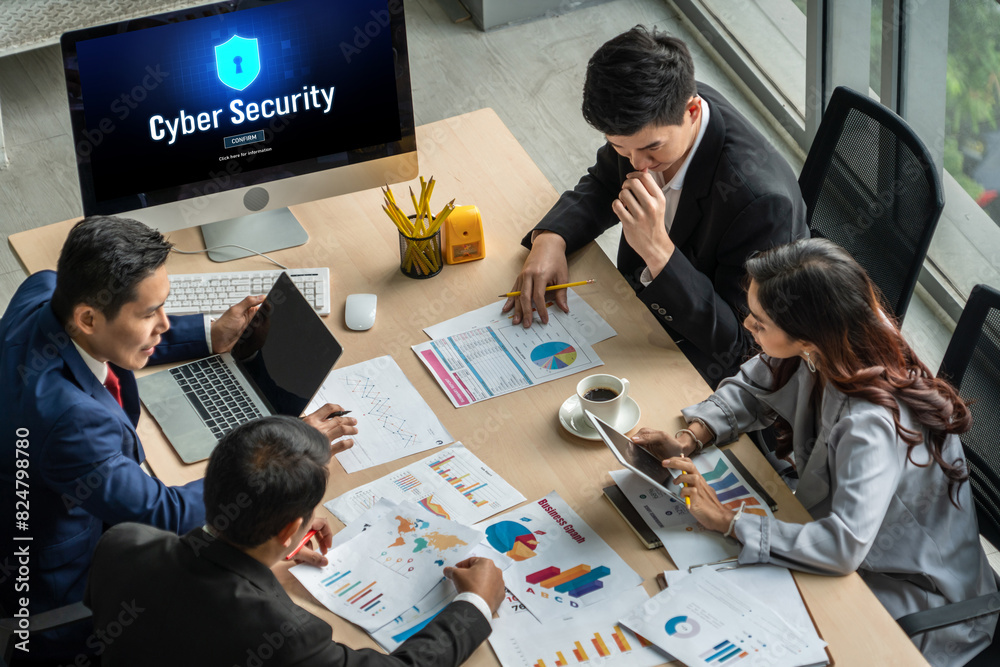 Poster cyber security system on computer screen protect private information snugly from hacker and cyber at