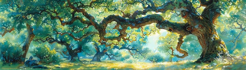 Fototapeta premium A panoramic view of a dense forest, with towering trees stretching into the sky, creating a natural and serene background , The images are of high quality and clarity