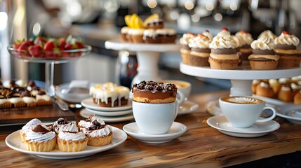 Fototapeta premium Elegant dessert display in a stylish cafe, featuring artisanal cakes and tarts, alongside steaming cups of espresso, vibrant and tempting, copy space.,