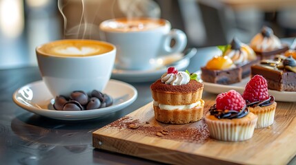 Elegant dessert display in a stylish cafe, featuring artisanal cakes and tarts, alongside steaming cups of espresso, vibrant and tempting, copy space.,