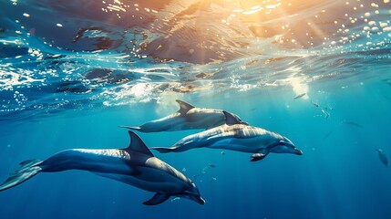 Obraz premium Dolphins gracefully swimming in the open ocean, clear blue water and sunlight filtering through, harmonious and majestic marine life, copy space.,