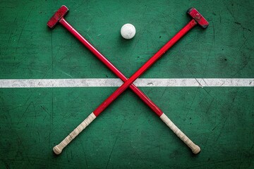 Field hockey stick and balls on green grass. Horizontal sport theme poster, greeting cards, headers, website and app