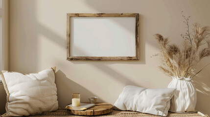 Cozy reading nook with a rustic frame mockup under a handmade wooden table, soft beige wall.
