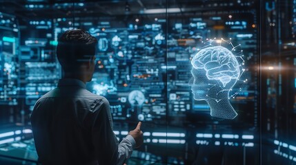 AI researcher developing advanced machine learning models, surrounded by cuttingedge technology and holographic displays, futuristic and forwardthinking, copy space.,