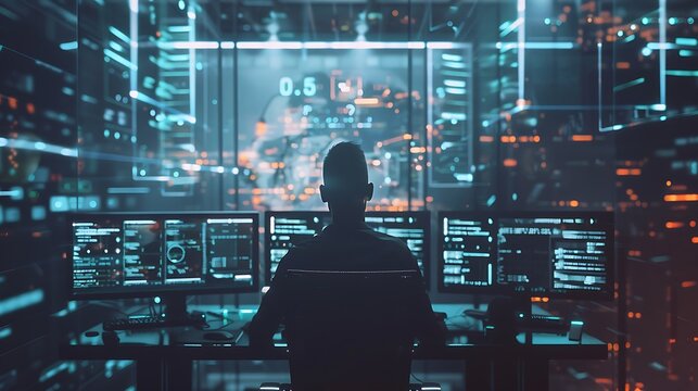 Programmer working on complex code in a futuristic workspace, multiple screens displaying AI algorithms and data, hightech and innovative atmosphere, copy space.,