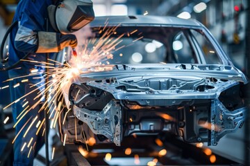 Obraz premium Robotic arm welding passenger car body on white background at automobile manufacturing plant