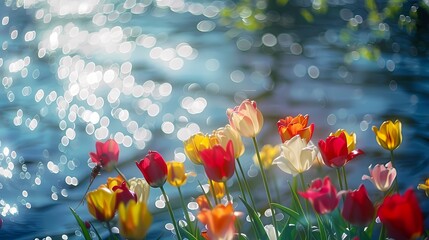 Spring riverside tulips poster background