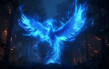 A glowing blue phoenix bird rising from its ashes in the dark forest