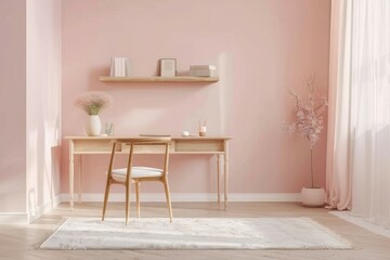 home office with light pink walls and white rug on the floor, desk is made of wood 
