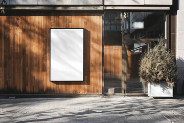 Signboard poster mockup on a wooden facade of the building, blank space to display your advertising or branding campaign