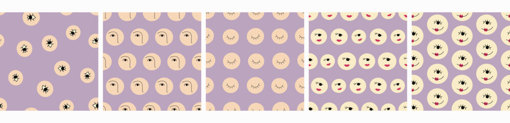 Five seamless patterns pack, cartoon design. Surface design for branding, repeating background.