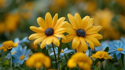 macro photo of two yellow daisies in a field of yellow flowers
