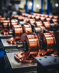 Close-up of industrial copper wire spools in a manufacturing setting, showcasing precision and engineering excellence.