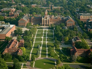 Aerial view of a university campus featuring historic buildings, lush green spaces, and tree-lined walkways, symbolizing education and academic excellence.