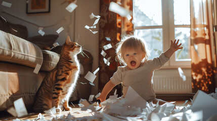Small Child Playing With Cat