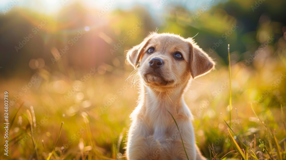 Poster a cute puppy sitting in a grassy field, looking up with big, round eyes and a playful expression, ca