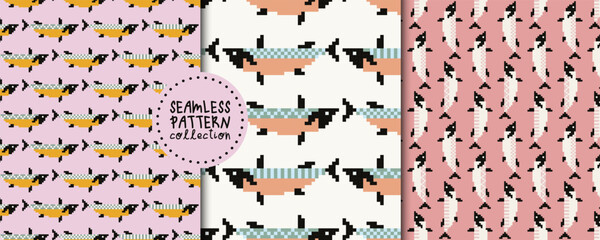 Vector set with seamless patterns with fish. Backgrounds, designs. Pixel art