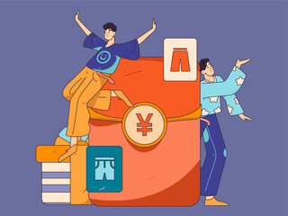 Holiday shopping people doing e-commerce online shopping flat vector concept operation hand drawn illustration
