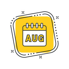 Cartoon monthly calendar icon vector illustration. August on isolated yellow square background. Calendar leaf sign concept.