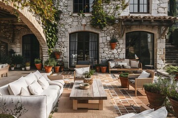 French Provence style house, white stone walls, black windows, rustic garden furniture in the courtyard, beautiful garden, stone floor, wooden coffee table, soft cushions.