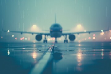 Blurred view of a plane on a wet runway under rain at twilight with glowing lights - Powered by Adobe
