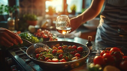 Close-up of a couple clinking glasses of wine while cooking dinner , Asia Person, Leading lines, centered in frame, natural light,photography