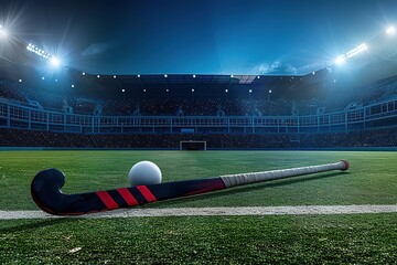 Field hockey stick and ball on the green field