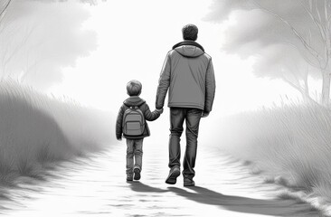 Dad and son walk down the road