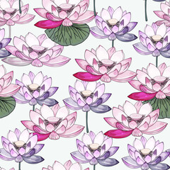 Seamless floral lotus rainbow hand drawing. Floral and botanical background. Summer tone with tropical leaves, lotus flower, lotus fruit, branch vector. Seamless pattern