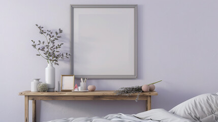 Minimalist bedroom with a cool grey frame mockup under a wooden table, pale lavender wall.