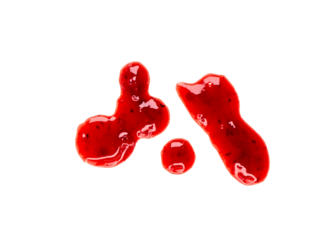 Sweet red berry jam, sauce as abstract drops stain isolated on white, transparent background, PNG.