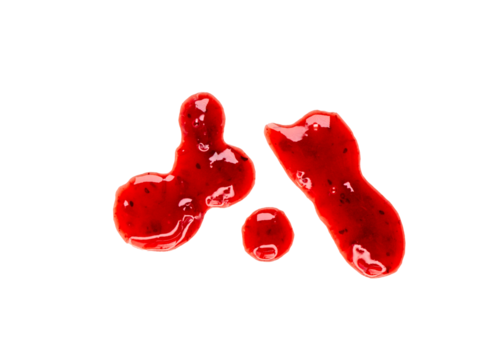 Sweet red berry jam, sauce as abstract drops stain isolated on white, transparent background, PNG.