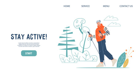 Nordic walking sport and active lifestyle choice for the elderly and seniors, concept for website banner or poster, flat vector illustration.