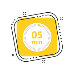 Cartoon сlock icon vector illustration. Timer sign 5 min on isolated yellow square background. Countdown sign concept.