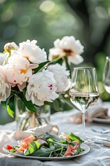 peony flowers and a glass of wine. Selective focus