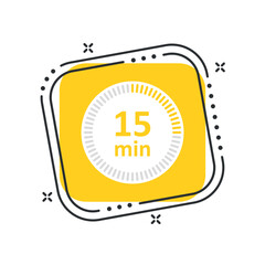 Cartoon сlock icon vector illustration. Timer sign 15 min on isolated yellow square background. Countdown sign concept.