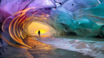 Fototapeta premium Colorful ice cave waves fantasy characters landscape poster background