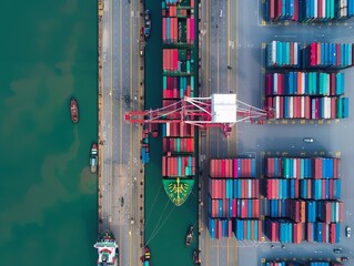 Sea-Port Symphony: Aerial View of Container Ship Loading and Unloading in Deep Seaport