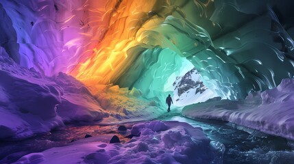 Colorful ice cave waves fantasy characters landscape poster background