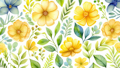 Watercolor pattern of yellow flowers, twigs with green leaves, white background. Botanical artwork.