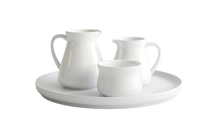A white plate featuring three white pitchers arranged neatly on it