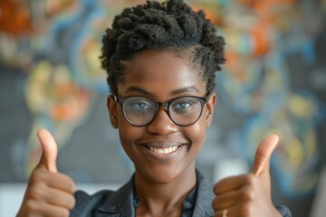A young woman with a thumbs up