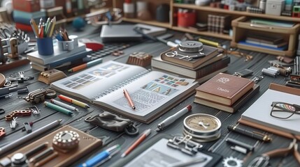 A contemporary 3D illustration featuring a symmetrical layout of books and assorted stationery items