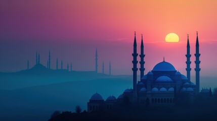 Sunset silhouette of a mosque with minarets in the misty distance, vibrant sky with warm hues and gradient background, serene evening scene
