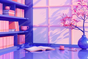 A cozy 3D render of books with warmtoned stationery, arranged in a simple, flat style against a soft cream background, perfect for a home library or cozy study nook