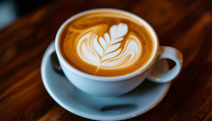 latte art at mug coffee shop.
