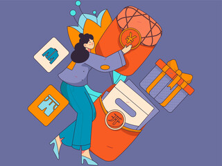 Holiday shopping people doing e-commerce online shopping flat vector concept operation hand drawn illustration
