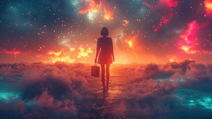 Fototapeta premium Ethereal 3D Businesswoman Floats Through Colorful Neon Space