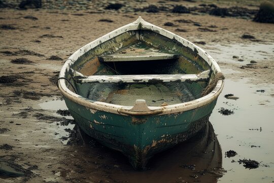Solitary old rowboat rests on a wet sandbank during low tide, displaying signs of wear and a history of use - Powered by Adobe