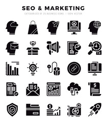 SEO & Marketing Icons bundle. Glyph style Icons. Vector illustration.